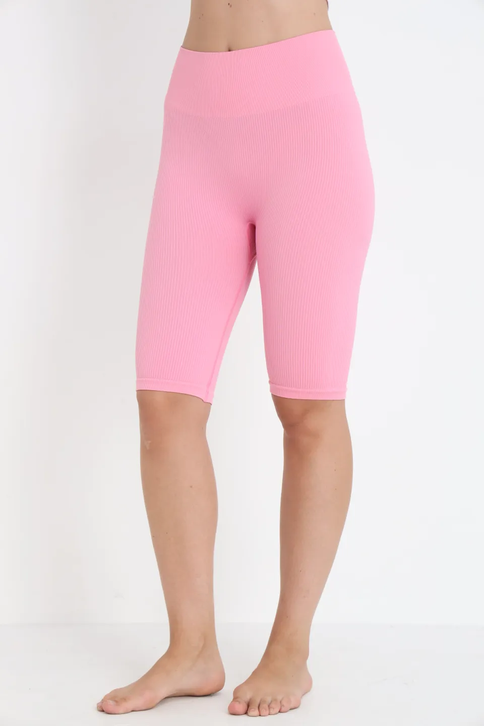 Colanți scurți raiati roz cu talie înaltă - 1