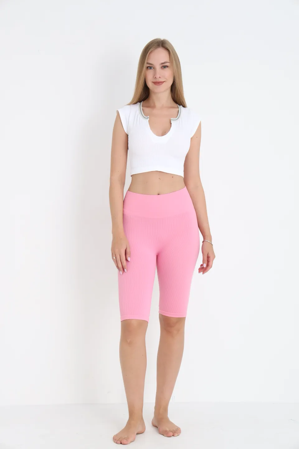 Colanți scurți raiati roz cu talie înaltă - 7