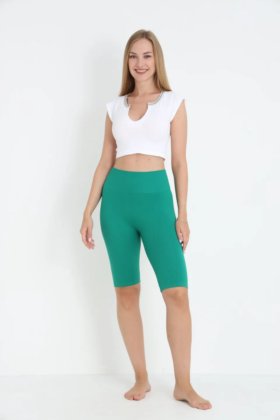 Colanți scurți raiati verde cu talie înaltă - 5