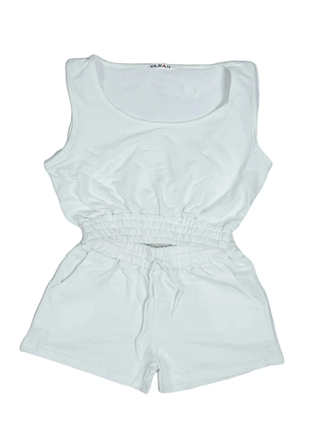 Compleu damă casual – set top scurt și pantaloni scurți, culoare alb - 1