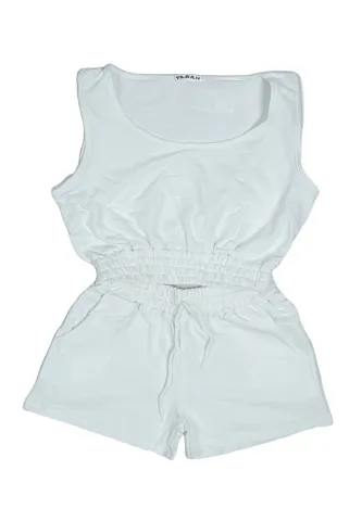 Compleu damă casual – set top scurt și pantaloni scurți, culoare alb