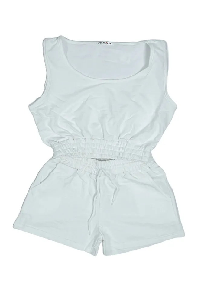 Compleu damă casual – set top scurt și pantaloni scurți, culoare alb