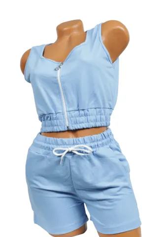 Compleu damă casual – set top scurt și pantaloni scurți, culoare albastru deschis