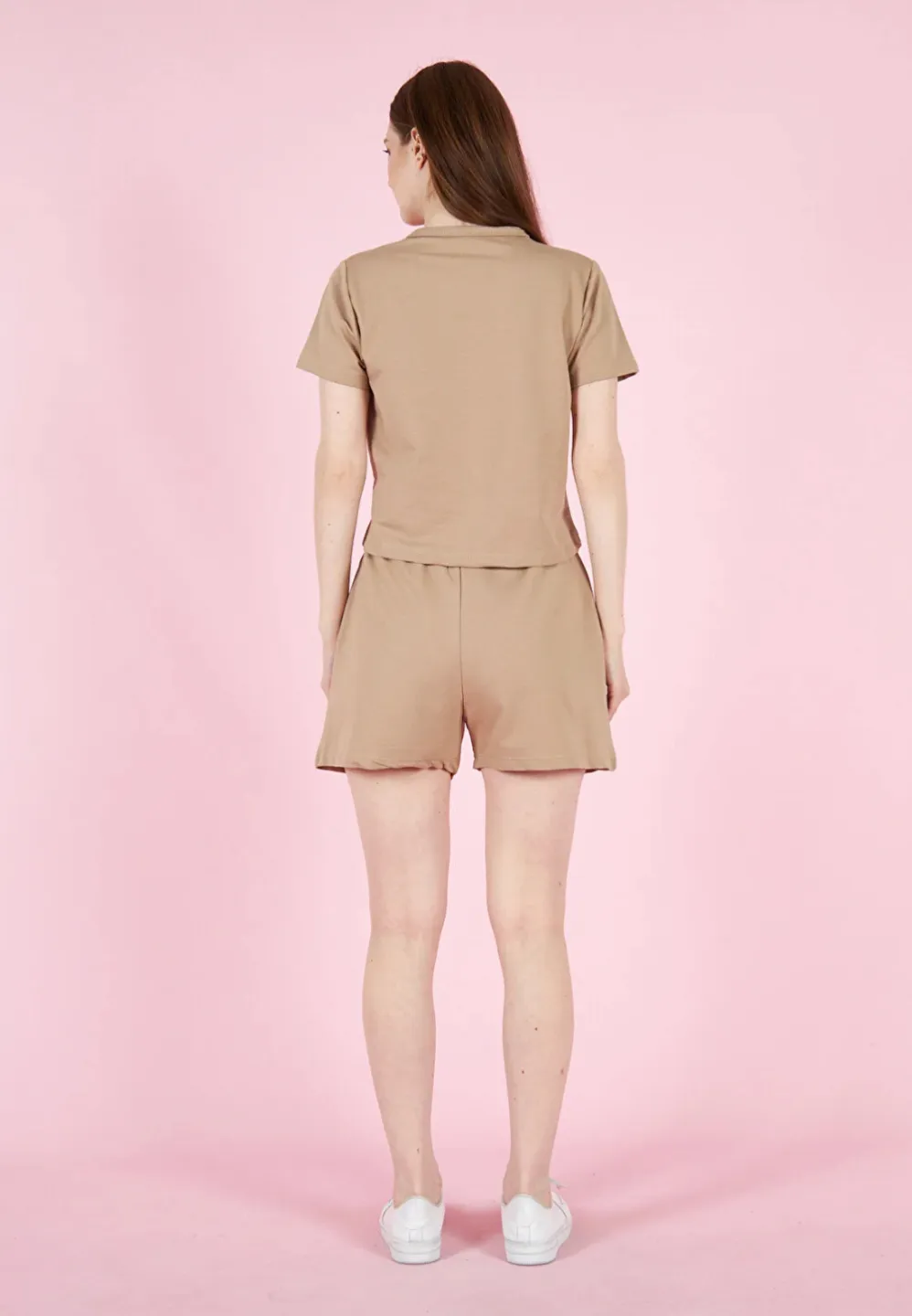 Compleu damă cu tricou și short cu talie elastică, bumbac- culoare latte - 3