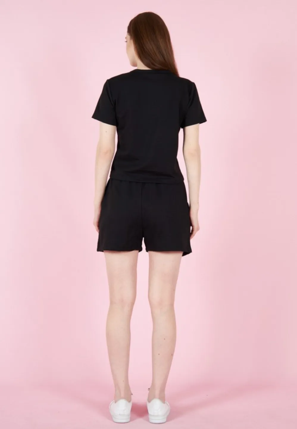 Compleu damă cu tricou și short cu talie elastică, bumbac- culoare negru - 3