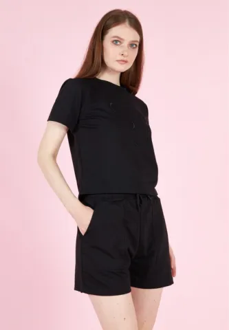 Compleu damă cu tricou și short cu talie elastică, bumbac- culoare negru hover