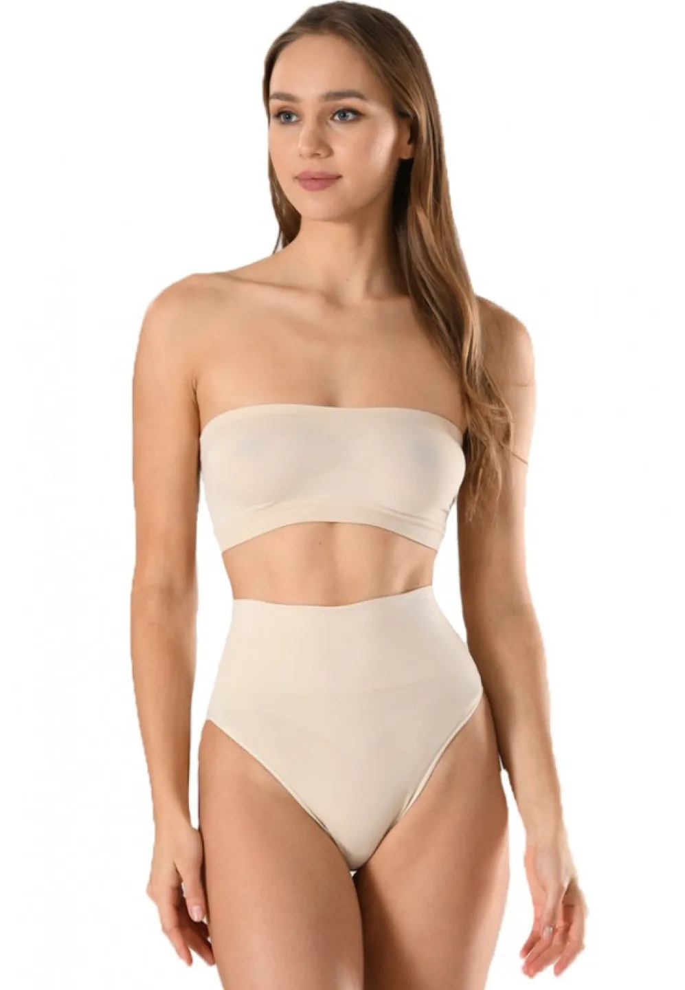 Corset damă modelator cu bandă de silicon si talie înaltă, culoare bej - 2