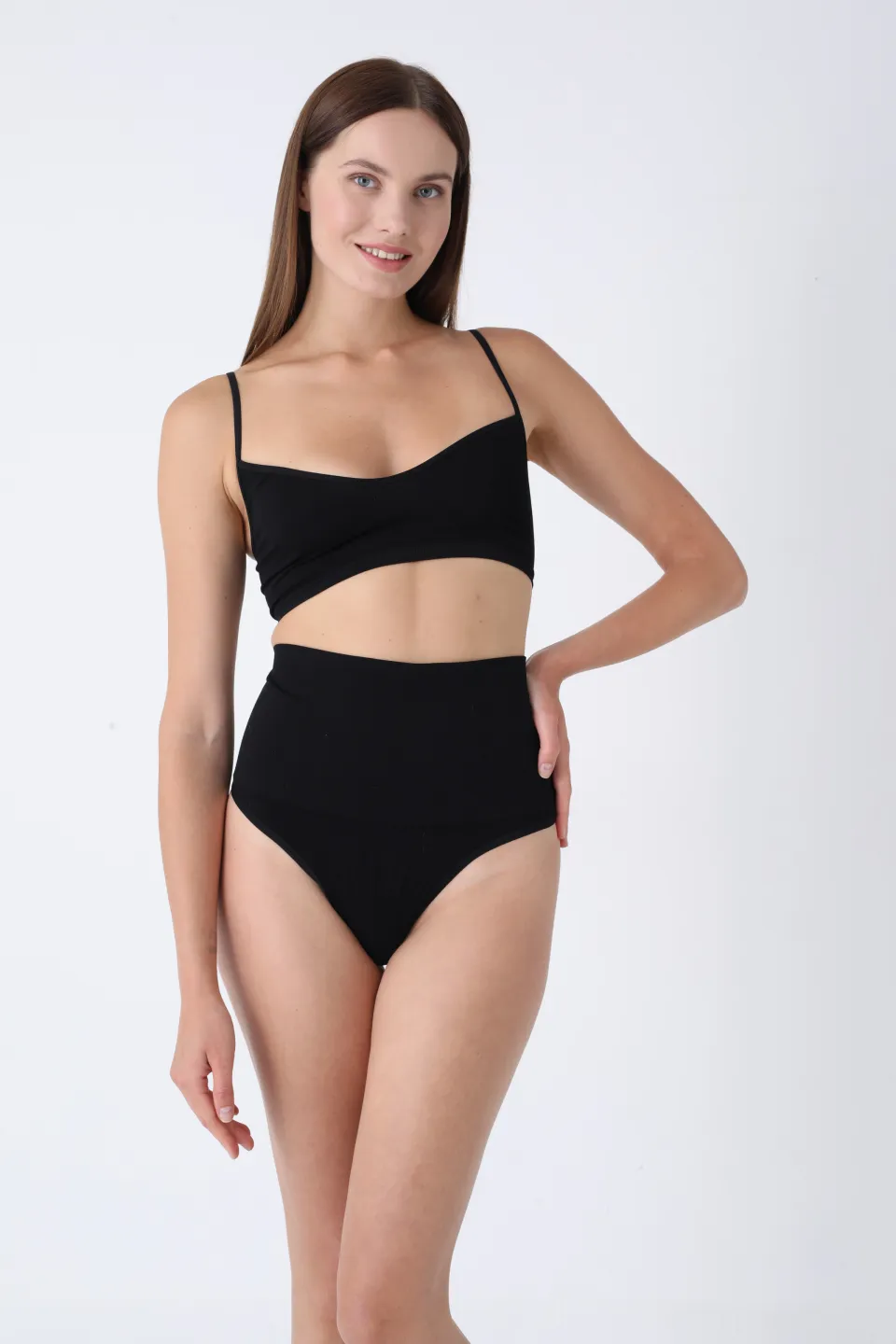 Corset modelator cu talie înaltă și chilot tanga – negru - 2