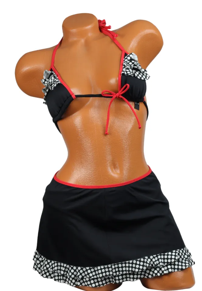 Costum de baie 3 piese negru cu volănașe și buline albe – sutien triunghi, slip și fustă
