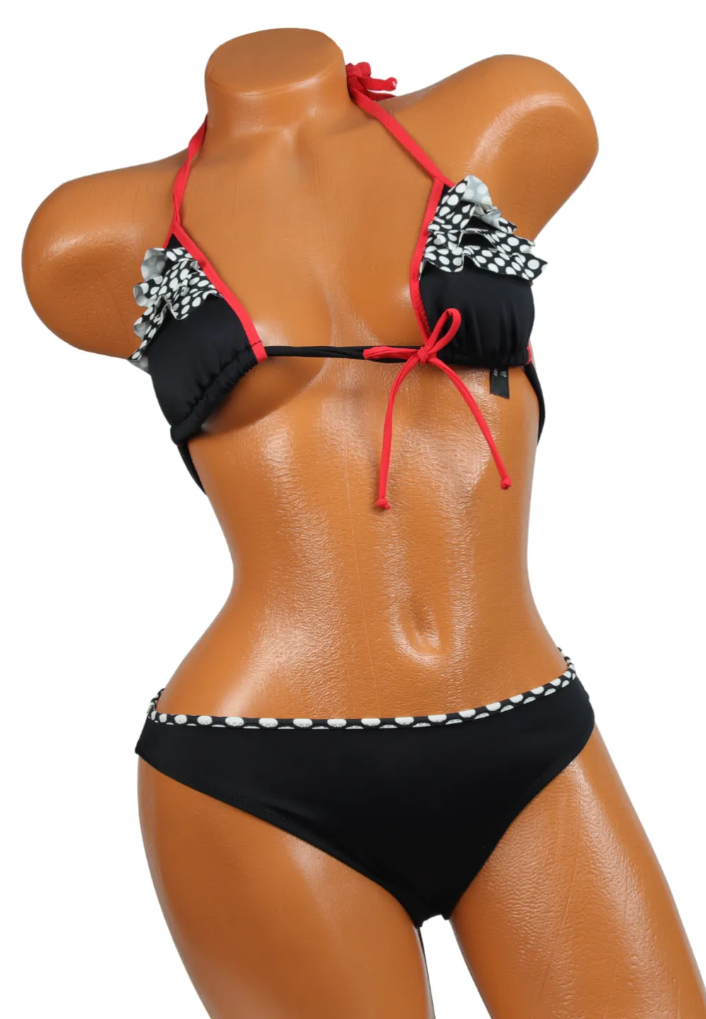 Costum de baie 3 piese negru cu volănașe și buline albe – sutien triunghi, slip și fustă - 2