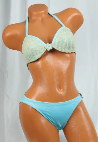 Costum de baie damă 2 piese bleu– sutien cu șnur și slip clasic