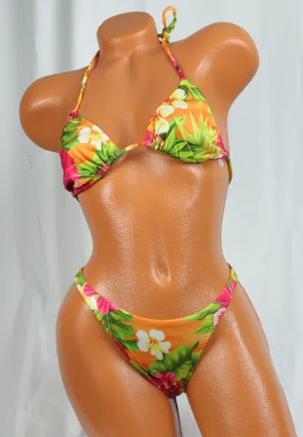 Costum de baie damă 2 piese cu imprimeu vesel – sutien cu șnur și slip tanga