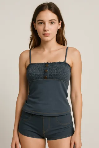 Costum de baie damă două piese imitație denim – maiou cu nasturi și short