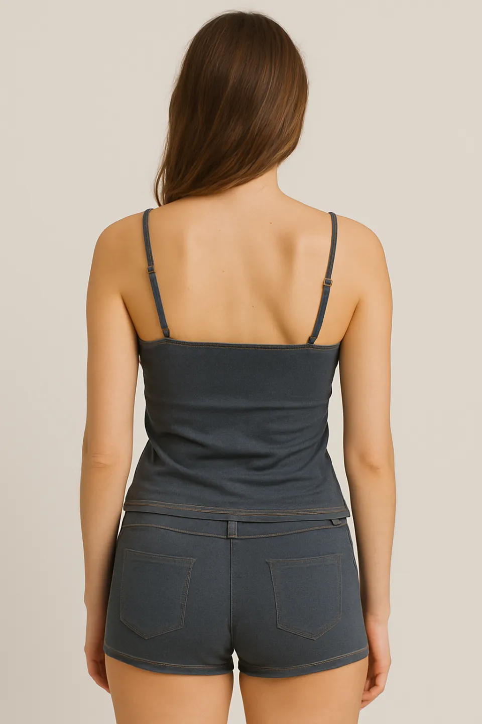 Costum de baie damă două piese imitație denim – maiou cu nasturi și short - 2