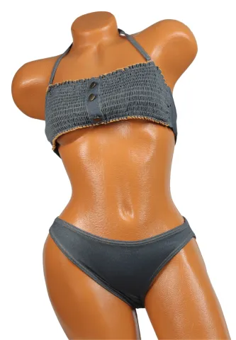 Costum de baie imitație denim - bustieră cu nasturi și slip clasic