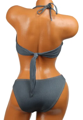 Costum de baie imitație denim - bustieră cu nasturi și slip clasic hover