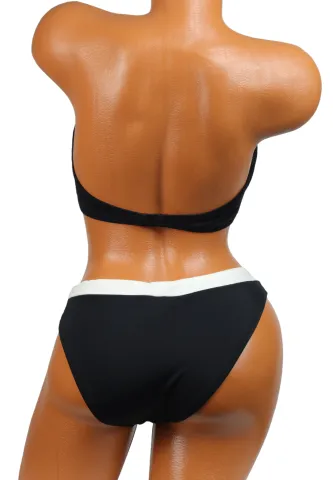 Costum de baie negru cu sclipici – sutien tip scoică cu balene și slip cu bandă albă hover