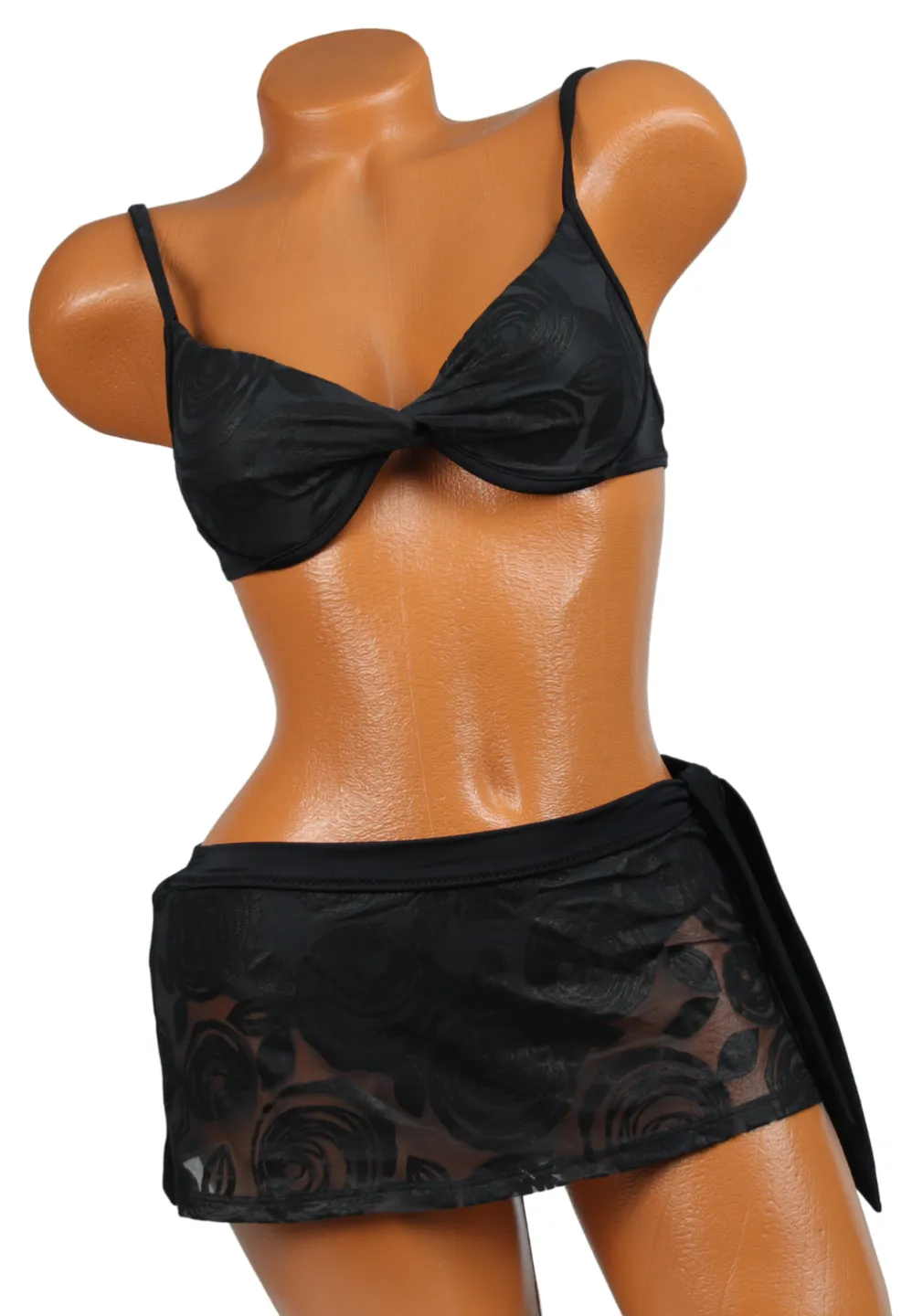 Costum de baie negru cu trandafiri – sutien cu balene și slip cu fustiță - 2