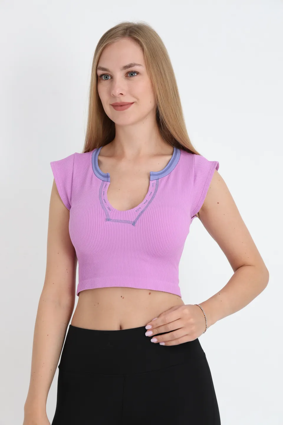 Crop tricou damă cu mânecă scurtă – mov - 2