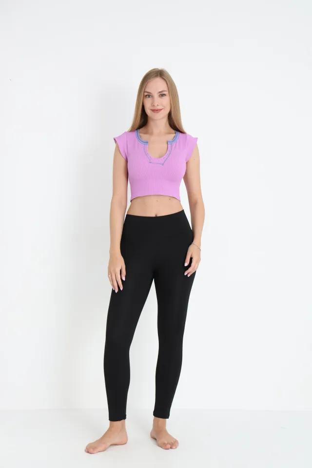 Crop tricou damă cu mânecă scurtă – mov