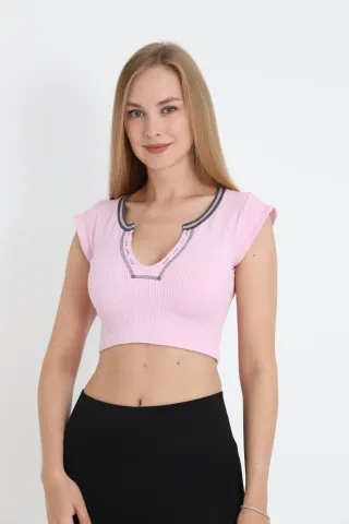 Crop tricou damă cu mânecă scurtă – roz