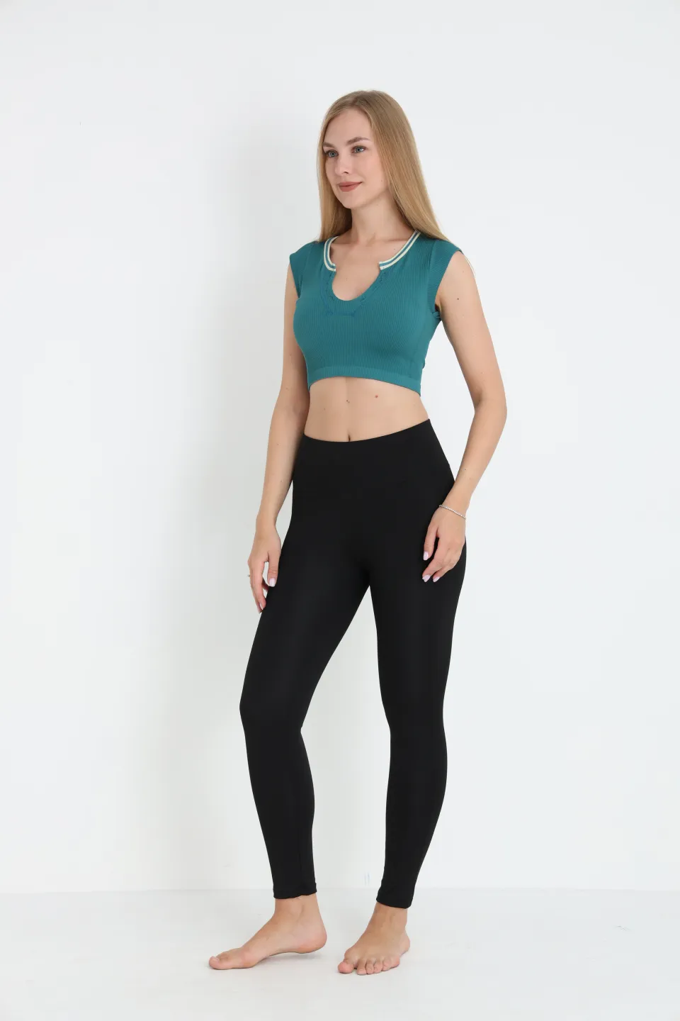 Crop tricou damă cu mânecă scurtă – turcoaz - 3