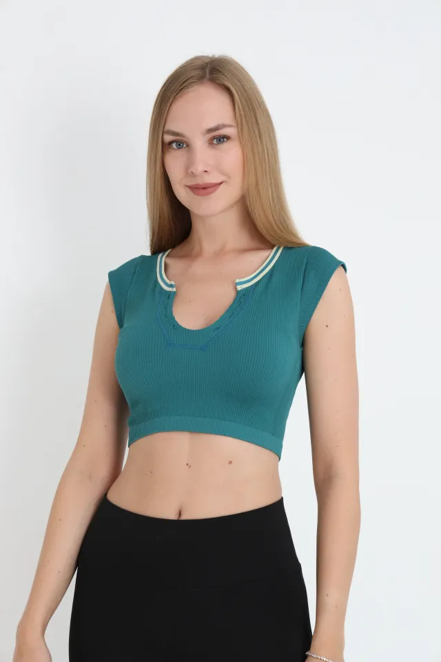 Crop tricou damă cu mânecă scurtă – turcoaz