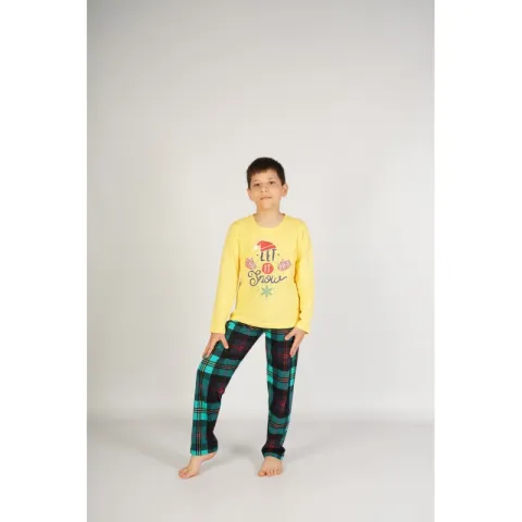 Pijama copii, mânecă lungă, pantalon lung, imprimeu Let it Snow, galben