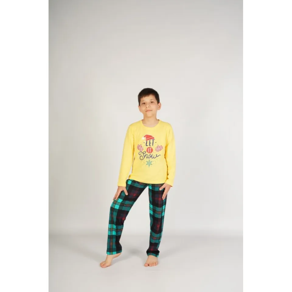 Pijama copii, mânecă lungă, pantalon lung, imprimeu Let it Snow, galben