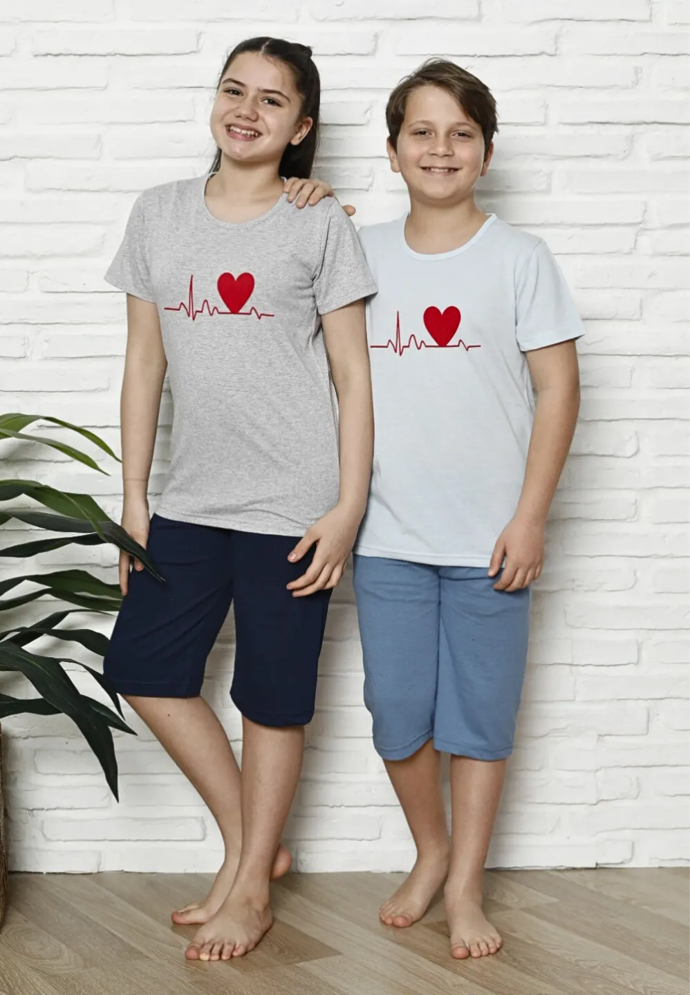 Pijama familie-copii, bumbac, mânecă scurtă și pantaloni 3/4, gri - 2