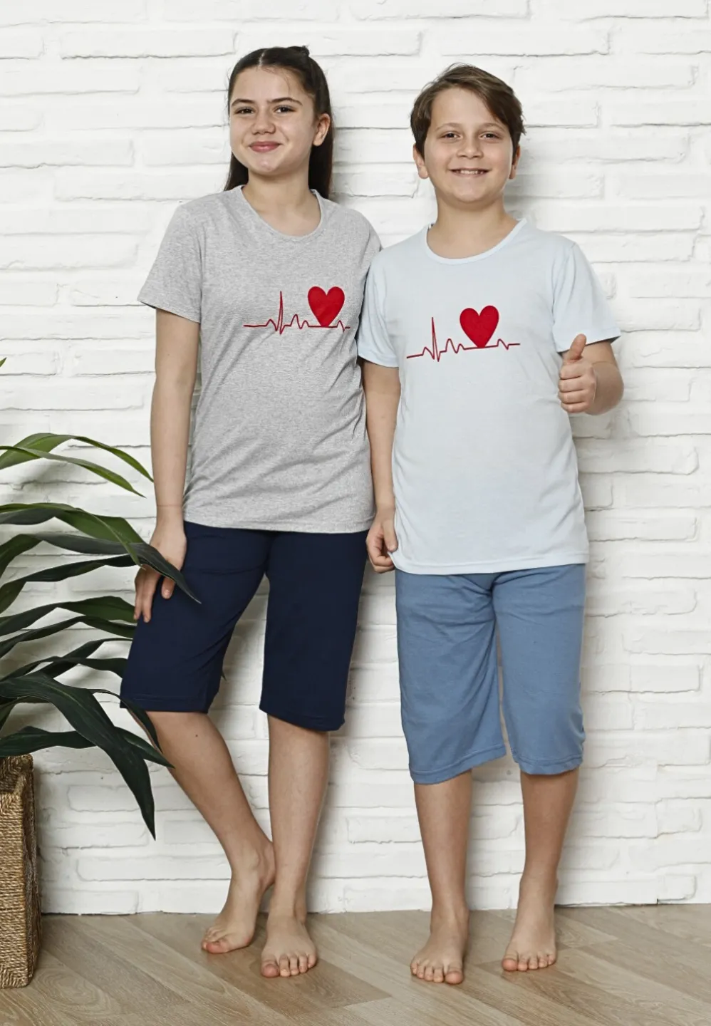 Pijama familie-copii, bumbac, mânecă scurtă și pantaloni 3/4, gri - 3