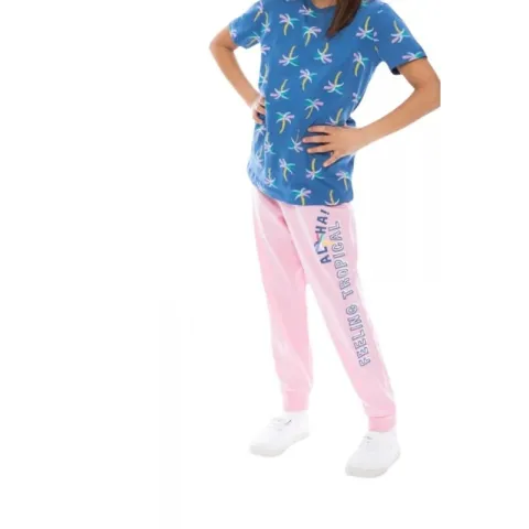 Pijama copii bumbac, bluză mânecă scurtă și pantaloni lungi, imprimeu palmieri hover