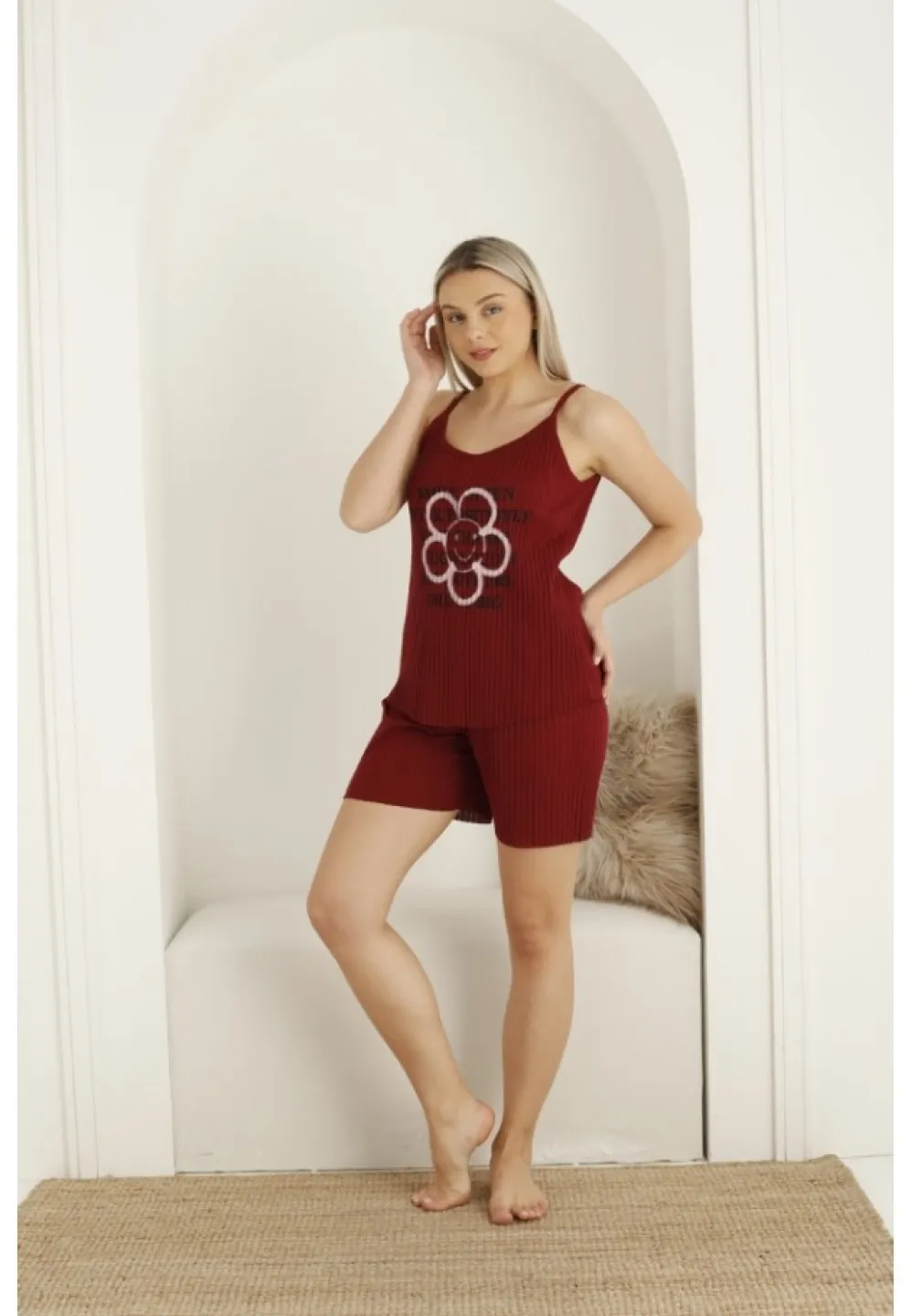 Pijama dama din bumbac cu imprimeu cu floare, maiou si pantaloni scurti, rosu - 1