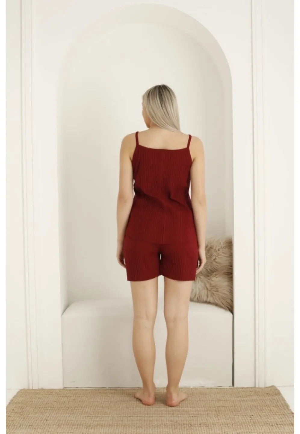 Pijama dama din bumbac cu imprimeu cu floare, maiou si pantaloni scurti, rosu - 3