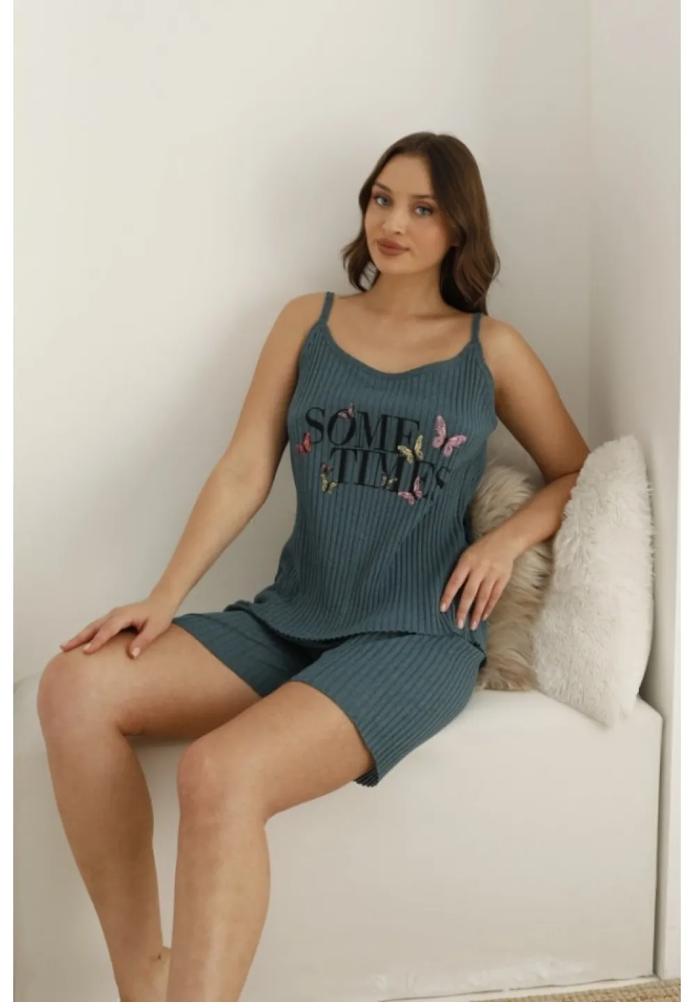 Pijama damă, maneca scurta si pantaloni scurti, culoare albastru, imprimeu ,,Some Times'' - 2