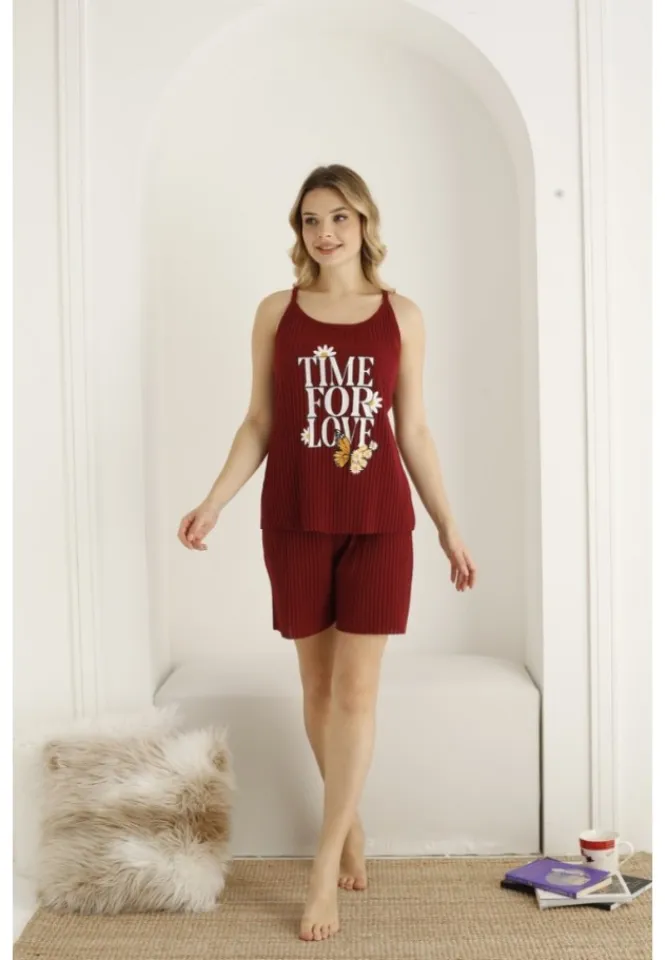 Pijama dama din bumbac cu imprimeu "Time For Love'', maiou si pantaloni scurti, rosu