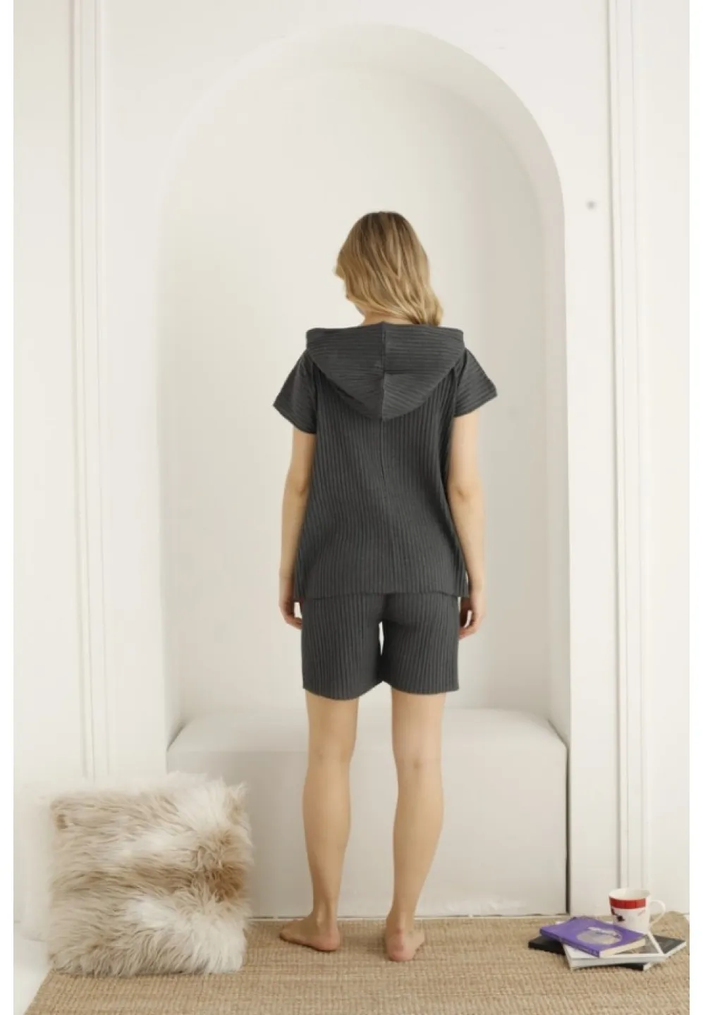 Pijama dama din bumbac cu imprimeu "Strong", maneca scurta si pantaloni scurti - 2