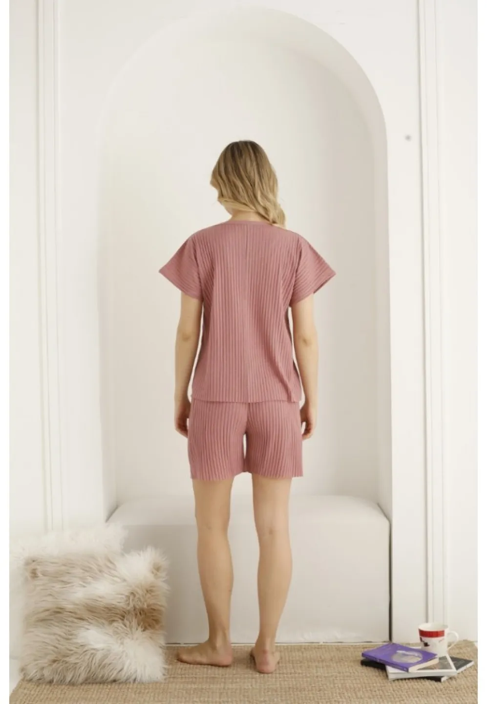 Pijama damă, maneca scurta si pantaloni scurti, culoare roz imprimeu ,,Love'' - 3