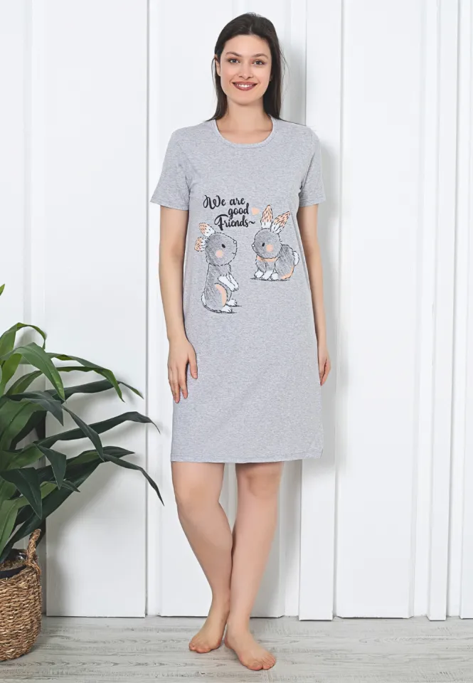 Rochie de casă cu imprimeu de Paște, bumbac, mânecă scurtă, gri