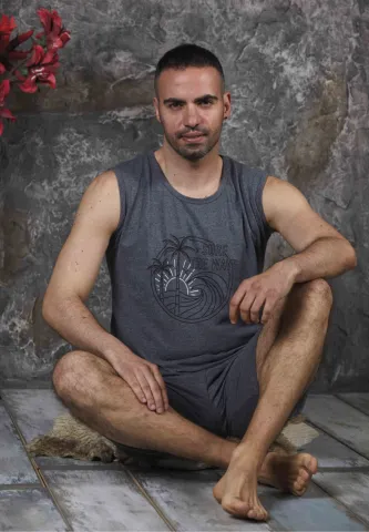 Pijama bărbați din bumbac –maiou cu imprimeu "Surf The Wave"- Gri hover