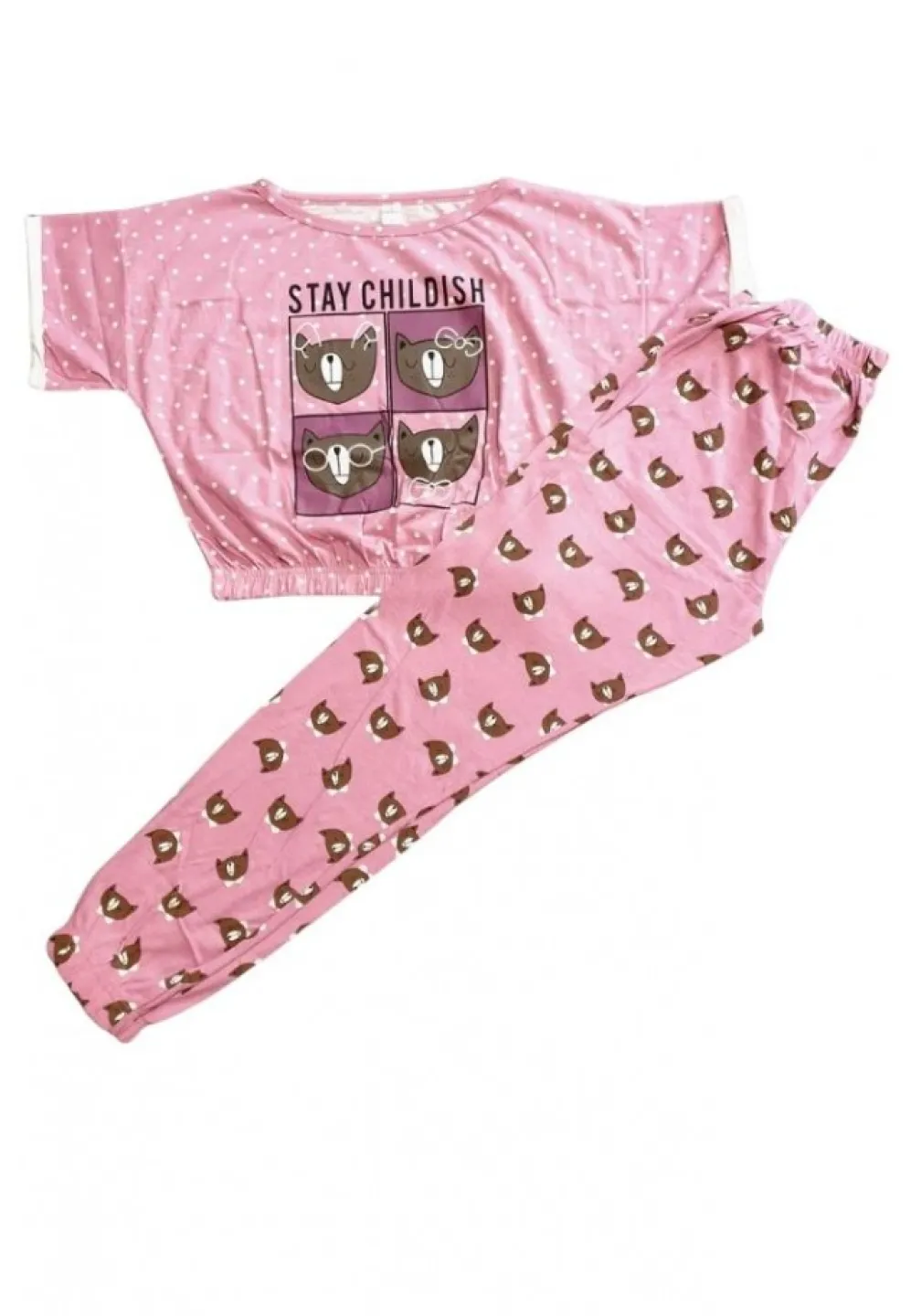 Pijama dama din bumbac Serena cu imprimeu ,,Stay Childish'', maneca scurta si pantaloni lungi - 1