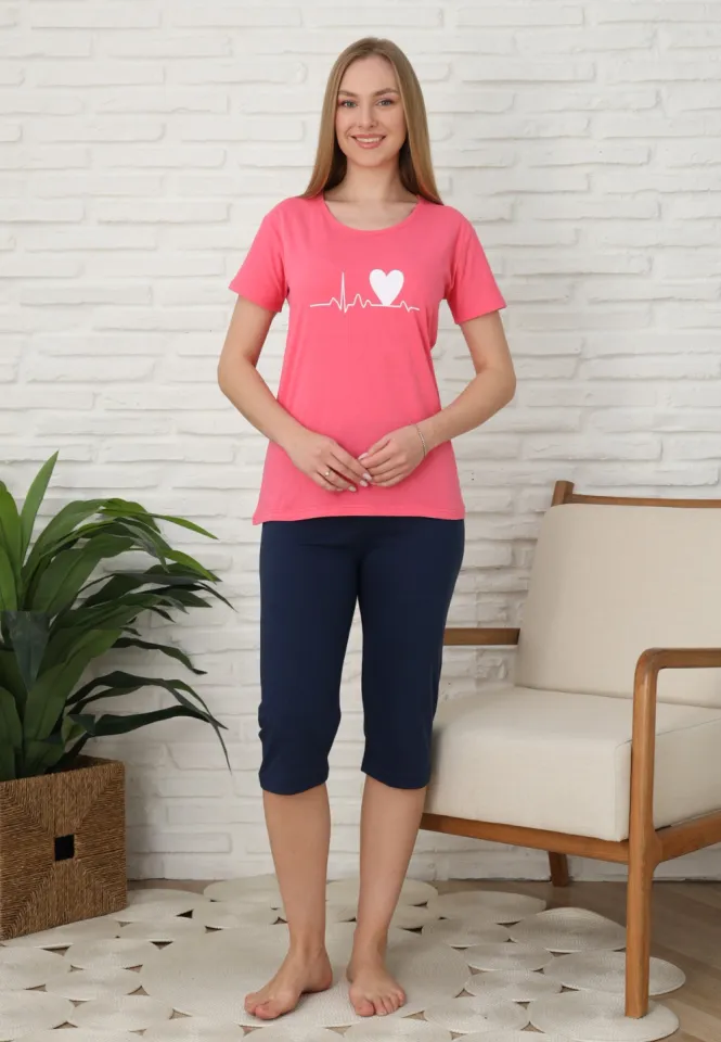 Pijama familie-damă, bumbac, mânecă scurtă și pantaloni 3/4, culoare roz