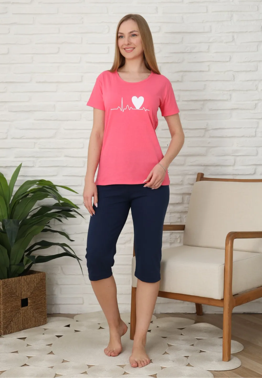 Pijama familie-damă, bumbac, mânecă scurtă și pantaloni 3/4, culoare roz - 2