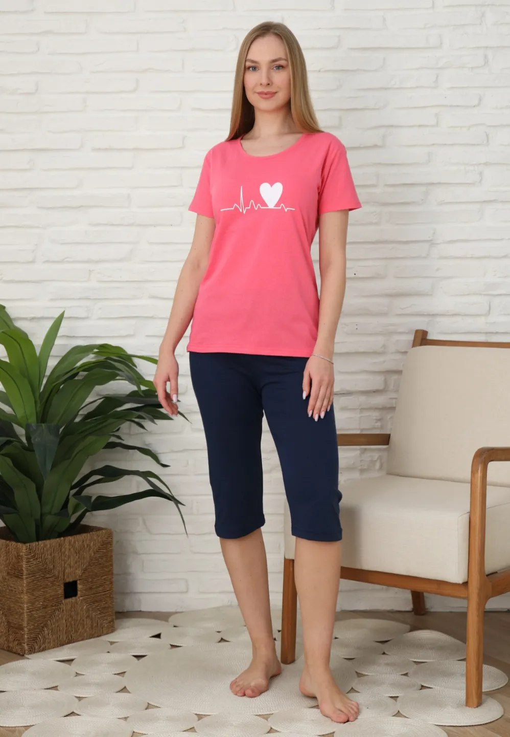 Pijama familie-damă, bumbac, mânecă scurtă și pantaloni 3/4, culoare roz - 3