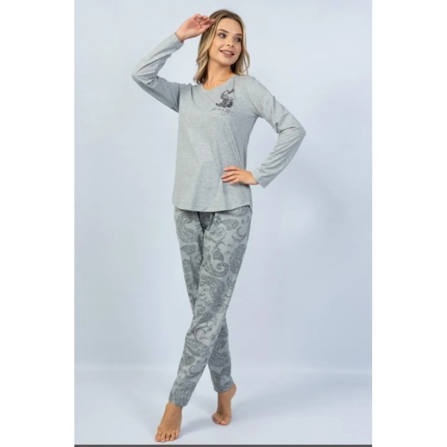 Pijamale damă cu mânecă lungă și pantaloni lungi, imprimeu Beauty, gri - 1
