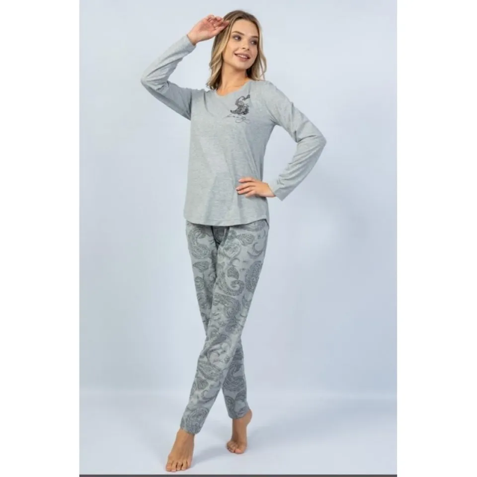 Pijamale damă cu mânecă lungă și pantaloni lungi, imprimeu Beauty, gri