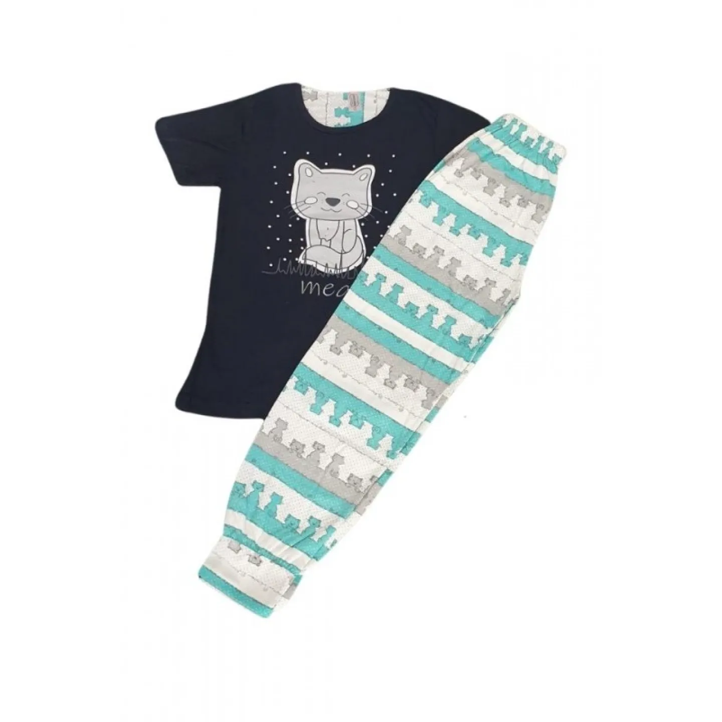 Pijama dama din bumbac, tricou negru cu imprimeu Pisica si pantaloni lungi - 1