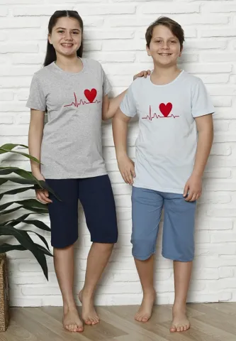 Pijama familie-copii, bumbac, mânecă scurtă și pantaloni 3/4, gri