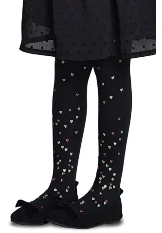 Dres fetițe Penti Pretty ,Taya'' 40 DEN, imprimeu inimioare, negru