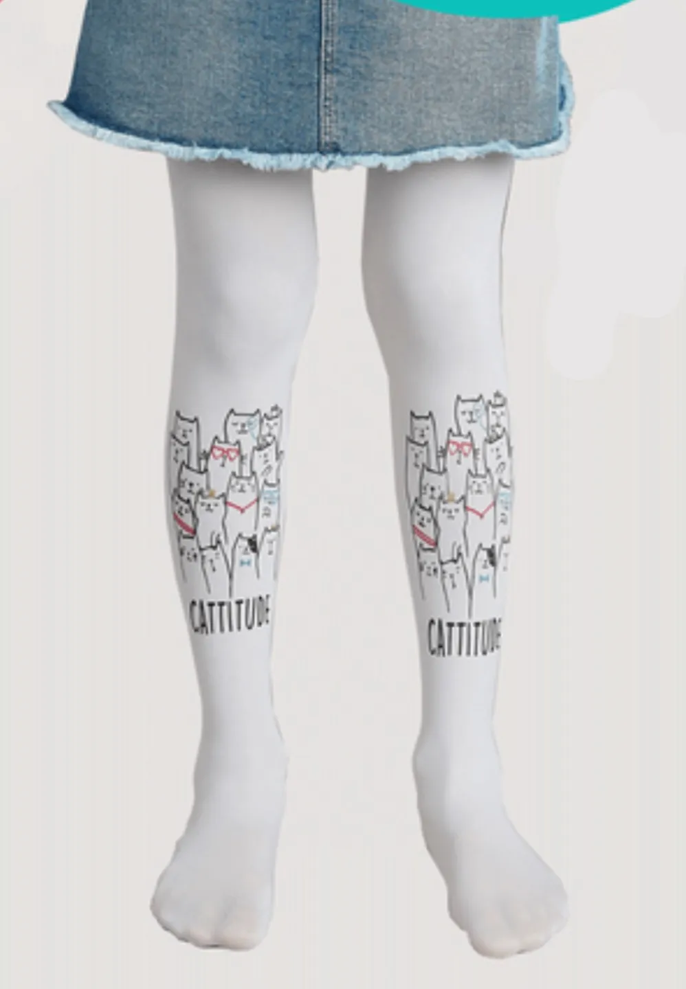 Dres fetițe Penti Young ,,Cattitude'', 50 den- mat, imprimeu jucăuș, alb - 1